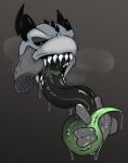  ambiguous_gender anthro black_tongue bodily_fluids bodily_fluids_in_mouth disembodied_hand dripping feral ghost_hands glowing glowing_tongue hand_in_mouth holding_tongue kobold long_tongue mawplay open_mouth reptile rhizudraws saliva saliva_drip saliva_on_tongue saliva_string salivating scalie sharp_teeth solo teeth tongue tongue_wrap white_body 