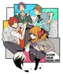  3boys black_hair blazer blush bow brown_hair calligraphy_brush cardigan copyright_name digital_media_player flower gekkan_shoujo_nozaki-kun hair_bow hori_masayuki jacket mikoshiba_mikoto multiple_boys necktie orange_hair paintbrush polka_dot polka_dot_bow purple_eyes red_eyes red_hair rose sakura_chiyo sweater thighhighs toco_(7037034) wakamatsu_hirotaka zettai_ryouiki 