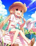  artist_request blonde_hair brown_eyes flip-flops futaba_anzu hat idolmaster idolmaster_cinderella_girls lens_flare long_hair low_twintails official_art open_mouth sandals sitting solo straw_hat stuffed_animal stuffed_bunny stuffed_toy sunlight sweatdrop toes twintails 