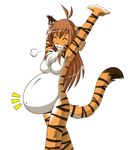  breasts brown_hair chest_tuft feline female flora_(twokinds) fur hair keidran long_hair mammal mother nude open_mouth parent plain_background pregnant solo stretching tiger tom_fischbach tuft twokinds white_background 