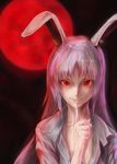  animal_ears baten_(gei-vorugu) black_background bunny_ears finger_to_mouth full_moon highres lips long_hair long_sleeves looking_at_viewer moon open_clothes open_shirt parted_lips pink_hair red_eyes red_moon reisen_udongein_inaba shirt smile solo touhou upper_body white_shirt 