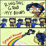  breasts canine carmelita_fox cleavage clothed clothing comic ear_piercing english_text female fox male mammal meme piercing police raccoon rainbow sly_cooper sly_cooper_(series) text unknown_artist 