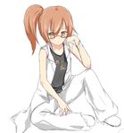 alternate_costume alternate_hairstyle bare_shoulders bracelet brown_hair character_name clothes_writing coat collarbone crescent full_body glasses hand_on_own_face jewelry kantai_collection kotowa_ruko mochizuki_(kantai_collection) necklace orange_eyes pants ponytail red-framed_eyewear semi-rimless_eyewear shoes side_ponytail simple_background sitting solo tank_top torn_clothes torn_sleeves under-rim_eyewear white_background white_footwear white_pants 