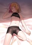  ahoge androgynous bad_id bad_twitter_id bike_shorts blonde_hair erubo looking_at_viewer lying midriff multicolored_hair on_bed original otoko_no_ko pink_hair short_hair sleeveless sleeveless_turtleneck theodor_bachstein turtleneck 