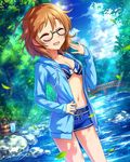  ahoge araki_hina artist_request bikini bikini_top blue_sky bridge brown_hair closed_eyes cloud day glasses idolmaster idolmaster_cinderella_girls official_art sky solo swimsuit 