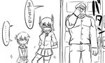  1boy 2girls admiral_(kantai_collection) comic eyepatch folded_ponytail greyscale hair_ornament hat inazuma_(kantai_collection) kantai_collection matsuda_chiyohiko military military_uniform monochrome multiple_girls neckerchief peaked_cap school_uniform serafuku shaded_face short_hair spoken_ellipsis tenryuu_(kantai_collection) tonda translated uniform 