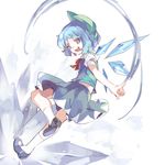  blue_eyes blue_hair bow cirno dress full_body hair_bow hillly_(maiwetea) ice ice_wings mary_janes open_mouth ribbon shoes short_hair simple_background smile solo touhou white_background wings 