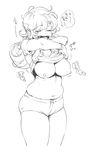  armpit_peek breasts character_request closed_eyes greyscale large_breasts long_hair monochrome nipples orushibu plump short_shorts shorts solo translation_request undressing 