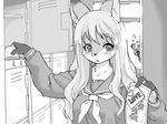  &lt;3 anthro black_and_white blush canine clothed clothing cute female fox fur hair hairclip hiding kikurage locker long_hair love_letter mammal monochrome ribbons school_uniform shoes window 