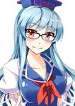  absurdres arms_behind_back bespectacled blue_dress blue_hair blush collarbone dress e.o. glasses hat highres kamishirasawa_keine long_hair looking_at_viewer puffy_short_sleeves puffy_sleeves red_eyes short_sleeves smile solo tight_dress touhou 