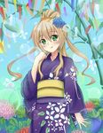  bamboo field flower flower_field green_eyes hair_ornament japanese_clothes kimono light_brown_hair long_hair looking_at_viewer original ponytail qian_wu_atai sash smile solo tanabata tanzaku yukata 