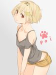  alternate_hair_length alternate_hairstyle arched_back bare_shoulders blonde_hair bow butt_crack collarbone flat_chest hair_bow hair_ornament hairclip harada_itsumi kantai_collection panties pantyshot paw_print red_eyes remodel_(kantai_collection) shirt short_hair short_shorts shorts smile solo tank_top underwear yuudachi_(kantai_collection) 