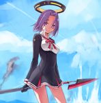  black_dress blue_sky breasts cloud day dress glaive kantai_collection looking_at_viewer mechanical_halo medium_breasts polearm purple_eyes purple_hair shiroshi_(denpa_eshidan) short_hair sky smile solo tatsuta_(kantai_collection) weapon 