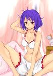  arm_up belly blanket bloomers blush bra breasts chikado cleavage collarbone commentary_request cup_ramen hand_behind_head large_breasts messy_hair nagae_iku navel purple_hair red_eyes short_hair sitting solo touhou underwear waking_up 
