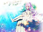 bare_legs clenched_hand day dorsiflexion foot_dangle from_side full_body labcoat light long_hair looking_at_viewer original outdoors plantar_flexion ponytail purple_eyes purple_hair rugo sitting smile solo very_long_hair water 