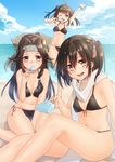  arm_up beach bikini black_bikini breasts brown_eyes brown_hair cleavage cloud day double_bun food front-tie_top headband highres jintsuu_(kantai_collection) kantai_collection keita_(tundereyuina) large_breasts long_hair looking_at_viewer multiple_girls naka_(kantai_collection) navel ocean one_eye_closed open_mouth outdoors popsicle remodel_(kantai_collection) scarf sendai_(kantai_collection) short_hair side-tie_bikini side_ponytail sitting sky standing standing_on_one_leg swimsuit 