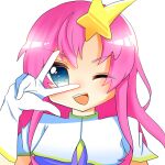  1girl blue_eyes blush capelet gloves gundam gundam_seed gundam_seed_destiny hair_ornament highres juice_(jule_tyaojule) long_hair looking_at_viewer meer_campbell one_eye_closed open_mouth pink_hair portrait purple_shirt shirt simple_background smile solo star_(symbol) star_hair_ornament v white_background white_capelet white_gloves 