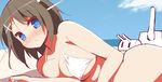  9law beach bikini bikini_top blue_eyes blush breast_press breasts brown_hair day from_side hair_ornament hairclip headgear kantai_collection large_breasts looking_at_viewer lying maya_(kantai_collection) on_side sand short_hair sky solo swimsuit turret white_bikini 