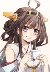  ahoge black_eyes brown_hair cup detached_sleeves grin headgear kantai_collection keita_(tundereyuina) kongou_(kantai_collection) long_hair looking_at_viewer nontraditional_miko smile solo teacup upper_body 
