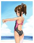  alternate_costume armpits ass back bangs beach black_swimsuit blush breasts brown_eyes brown_hair character_name cloud competition_swimsuit condensation_trail cowboy_shot day from_behind gengorou hair_ornament high_ponytail i-401_(kantai_collection) interlocked_fingers kantai_collection light_smile number one-piece_swimsuit outdoors outstretched_arms pink_swimsuit ponytail profile shiny shiny_skin short_hair short_ponytail sky small_breasts smile solo standing stretch sun_tattoo swimsuit tan tanline water 