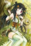  ;p bangs black_hair blush breasts eyebrows_visible_through_hair flower forest hair_ornament japanese_clothes japanese_mythology kaya-no-hime_(mythology) kimono kiseru leaf long_hair looking_at_viewer medium_breasts moeru!_jiten moeru!_nihon_shinwa_no_megami_jiten nature necktie one_eye_closed original outdoors pipe purple_eyes sitting sleeveless smoke solo thighhighs tongue tongue_out tree yuuki_rika 