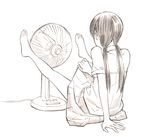 arm_support bare_legs barefoot blouse bra_strap electric_fan facing_away fan fanning_crotch feet from_behind full_body legs_up long_hair low_twintails monochrome on_floor original pleated_skirt see-through short_sleeves sitting sketch skirt skirt_lift solo traditional_media twintails yoshitomi_akihito 