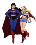  2girls arms_behind_back bare_arms bare_legs belt black_hair black_hairband blonde_hair blue_eyes blue_skirt blue_suit blunt_bangs boots cape capelet cousins covered_navel crop_top curly_hair dc_comics floating genderswap genderswap_(mtf) hair_down hair_flowing_over hairband hands_on_own_hips head_tilt long_hair looking_at_viewer miniskirt multiple_girls muscular muscular_female navel own_hands_together parted_lips pink_lips red_cape red_capelet red_footwear shirt simple_background skirt smirk stomach suit supergirl superhero_costume superman superman:_the_animated_series teeth thighs white_background white_shirt wuliu_heihuo yellow_belt 
