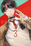  aldnoah.zero brown_eyes brown_hair chacall character_name copyright_name earpiece expressionless kaizuka_inaho looking_away male_focus necktie school_uniform solo sweater throat_microphone 