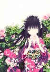  black_hair closed_eyes covering_mouth flower hairband highres holding japanese_clothes kimono lolita_hairband long_hair original rugo solo wind 