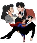  1boy 1girl black_eyes black_footwear black_hair black_jacket black_necktie black_pants black_suit blue_eyes brown_jacket business_suit carrying clark_kent clenched_hand closed_mouth collarbone collared_shirt couple dc_comics dual_persona floating floating_hair from_side genderswap genderswap_(mtf) glasses grey_jacket high_ponytail jacket lois_lane long_hair looking_at_another looking_to_the_side necktie pants parted_lips ponytail princess_carry purple_eyes purple_necktie shirt short_hair simple_background smile smirk suit superhero_costume superman swept_bangs teeth white_background white_shirt wuliu_heihuo 