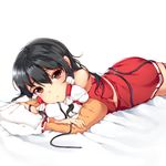  bad_id bad_pixiv_id bare_shoulders black_hair brown_eyes crossed_arms detached_sleeves entangled hair_tubes hakurei_reimu long_hair looking_at_viewer lying no_hair_bow on_stomach papo pillow shirt skirt skirt_set solo touhou 