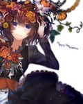 :d bad_id bad_pixiv_id brown_hair flower hair_flower hair_ornament hand_on_own_head kazutake_hazano looking_at_viewer open_mouth original purple_eyes simple_background smile solo text_focus white_background 