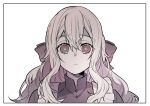  1girl bow closed_mouth dress hair_bow highres hii_(aisiteru6918moon) kagerou_project kozakura_marry long_hair looking_at_viewer pink_bow pink_eyes sidelocks simple_background solo very_long_hair wavy_hair white_hair 