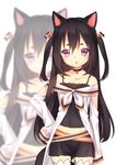  absurdres animal_ears bare_shoulders black_hair bow choker collarbone commentary_request hair_bow hand_on_hip highres kyuri_tizu long_hair midriff original purple_eyes solo tail thighhighs two_side_up wolf_ears wolf_tail zettai_ryouiki zoom_layer 