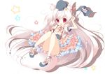  animal_ears flag frilled_skirt frills hat holding legs long_hair looking_at_viewer open_mouth original red_eyes shoes silver_hair skirt solo star tail umino_mizu very_long_hair wolf_ears wolf_tail 