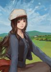  bad_id bad_pixiv_id beret blue_shirt brown_hair cloud day field hat holo ishidah lips long_hair long_skirt mountain red_eyes shirt sitting skirt sky smile solo spice_and_wolf vest 