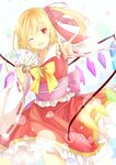  bad_id bad_pixiv_id blonde_hair bow cosplay detached_sleeves fan flandre_scarlet folding_fan frilled_skirt frills hair_ribbon hakurei_reimu hakurei_reimu_(cosplay) light_particles looking_at_viewer obi one_eye_closed open_mouth outstretched_arm pointing red_eyes ribbon ribbon-trimmed_sleeves ribbon_trim sash side_ponytail simple_background skirt skirt_set solo suteneko._(suteneko1998) touhou white_background wings 
