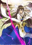  blue_eyes blue_hakama brown_hair company_name copyright_name hair_ribbon hakama hip_vent horn japanese_clothes katana last_chronicle long_hair miko ribbon silver_(atelier-tengu) slashing solo sword very_long_hair weapon 