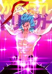  abs bevel blue_hair fabulous glowing kill_la_kill male_focus mikisugi_aikurou muscle open_clothes open_shirt scissor_blade shirt solo 