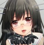  after_fellatio black_gloves black_hair blush choukai_(kantai_collection) cum cum_in_hands cum_on_clothes cum_on_gloves cupping_hands face glasses gloves headgear kantai_collection keita_(tundereyuina) long_hair looking_at_viewer red_eyes solo tongue tongue_out 