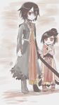  1boy 1girl black_hair boots brother_and_sister brown_background child coat dress gaius_(tales) karla_outway long_hair ponytail red_eyes shoes short_hair siblings sword tales_of_(series) tales_of_xillia weapon 