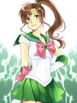  arms_behind_back bad_id bad_pixiv_id bishoujo_senshi_sailor_moon bow brown_hair clear_logic elbow_gloves gloves green_eyes green_sailor_collar green_skirt highres jewelry kino_makoto looking_at_viewer magical_girl miniskirt no_choker pink_bow pleated_skirt ponytail sailor_collar sailor_jupiter sailor_senshi_uniform school_uniform serafuku short_hair skirt solo tiara white_gloves 