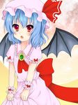  ascot bad_id bad_pixiv_id bat_wings blue_hair bow brooch fang full_moon hachi_(hrhr_1983) hat hat_ribbon highres jewelry looking_at_viewer mob_cap moon open_mouth puffy_short_sleeves puffy_sleeves red_eyes remilia_scarlet ribbon short_hair short_sleeves simple_background skirt skirt_hold skirt_set solo touhou wings wrist_cuffs yellow_background 