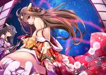  aata1007 ahoge alternate_costume black_eyes black_hair braid breasts brown_eyes brown_hair hairband haruna_(kantai_collection) highres instrument japanese_clothes kantai_collection kimono kongou_(kantai_collection) large_breasts looking_at_viewer meteor_shower multiple_girls night night_sky off_shoulder red_string shamisen sideboob sky star_(sky) starry_sky string thread 