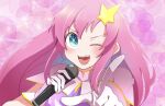  1girl blue_eyes blush capelet diffraction_spikes fang gloves gundam gundam_seed gundam_seed_destiny hair_ornament highres holding holding_microphone juice_(jule_tyaojule) looking_at_viewer meer_campbell microphone oshi_no_ko pink_capelet pink_gloves pink_hair pointing portrait purple_shirt shirt solo star_(symbol) star_hair_ornament v-shaped_eyebrows 