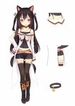  :o animal_ears bare_shoulders black_hair black_legwear boots bow character_profile choker collarbone hair_bow hand_on_hip highres kyuri_tizu long_hair midriff original purple_eyes simple_background solo tail thighhighs two_side_up white_background wolf_ears wolf_tail zettai_ryouiki 