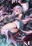  armpits bare_shoulders black_panties blush boots claws detached_sleeves dress fuyouchu horn kantai_collection long_hair looking_at_viewer open_mouth panties red_eyes ribbed_dress seaport_hime shinkaisei-kan short_dress solo underwear very_long_hair white_hair younger 