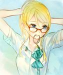  adjusting_hair ancotaku arms_behind_head ayase_eli bespectacled blonde_hair blouse blue_eyes bunching_hair collarbone colored_pencil_(medium) glasses hands_on_own_head looking_to_the_side love_live! love_live!_school_idol_project mouth_hold neck_ribbon ponytail ribbon short_sleeves solo traditional_media tying_hair white_blouse 