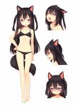  :d animal_ears barefoot black_bra black_hair black_panties blush bra breasts character_profile collarbone drooling fang frown hand_on_hip highres kyuri_tizu long_hair multiple_views navel open_mouth original panties purple_eyes short_eyebrows sideways_mouth simple_background small_breasts smile tail two_side_up underwear underwear_only white_background wolf_ears wolf_tail 