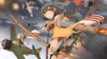  aircraft airplane archery arrow bow_(weapon) breasts brown_eyes brown_hair burnt_clothes fairy_(kantai_collection) flight_deck gloves hachimaki headband hiryuu_(kantai_collection) japanese_clothes kantai_collection kyuudou medium_breasts partly_fingerless_gloves pectong quiver remodel_(kantai_collection) short_hair single_glove skilled_pilot_(kantai_collection) skirt tomonaga_squadron_pilot_(kantai_collection) torpedo weapon yugake 